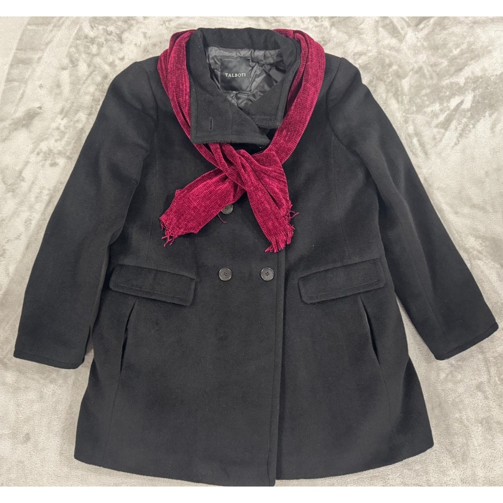 Talbots Pea Coat Womens 14 Black Alpaca Wool Blend Old Money Mob Wife With Scarf